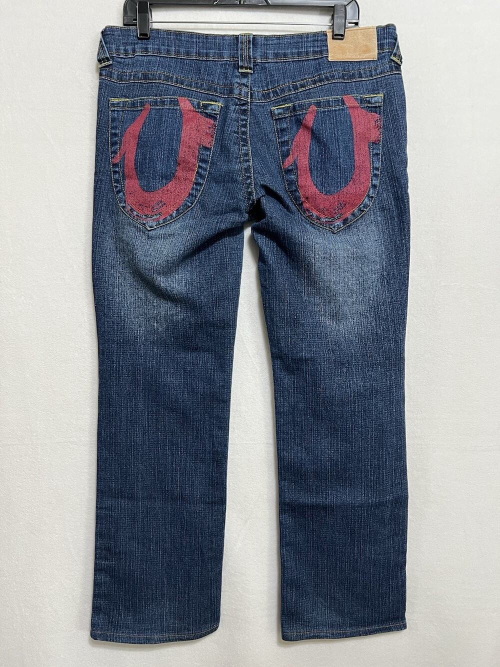 True Religion Jeans Size 31 Blue Denim Painted Red Horseshoe Logo Medium Wash